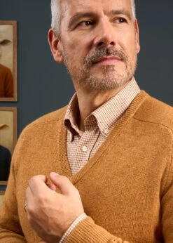 Hampshire Lambswool Jumper In Gazelle - Classic Fit -Alan Paine Fashion Store 050A65 HAMPSHIRE CLASSIC SADDLE SHOULDER VEE GAZELLE 02