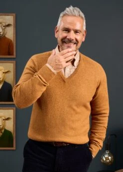 Hampshire Lambswool Jumper In Gazelle - Classic Fit -Alan Paine Fashion Store 050A65 HAMPSHIRE CLASSIC SADDLE SHOULDER VEE GAZELLE 03