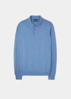 Pentlow Luxury Cotton Long Sleeve Polo Shirt In Carolina Blue