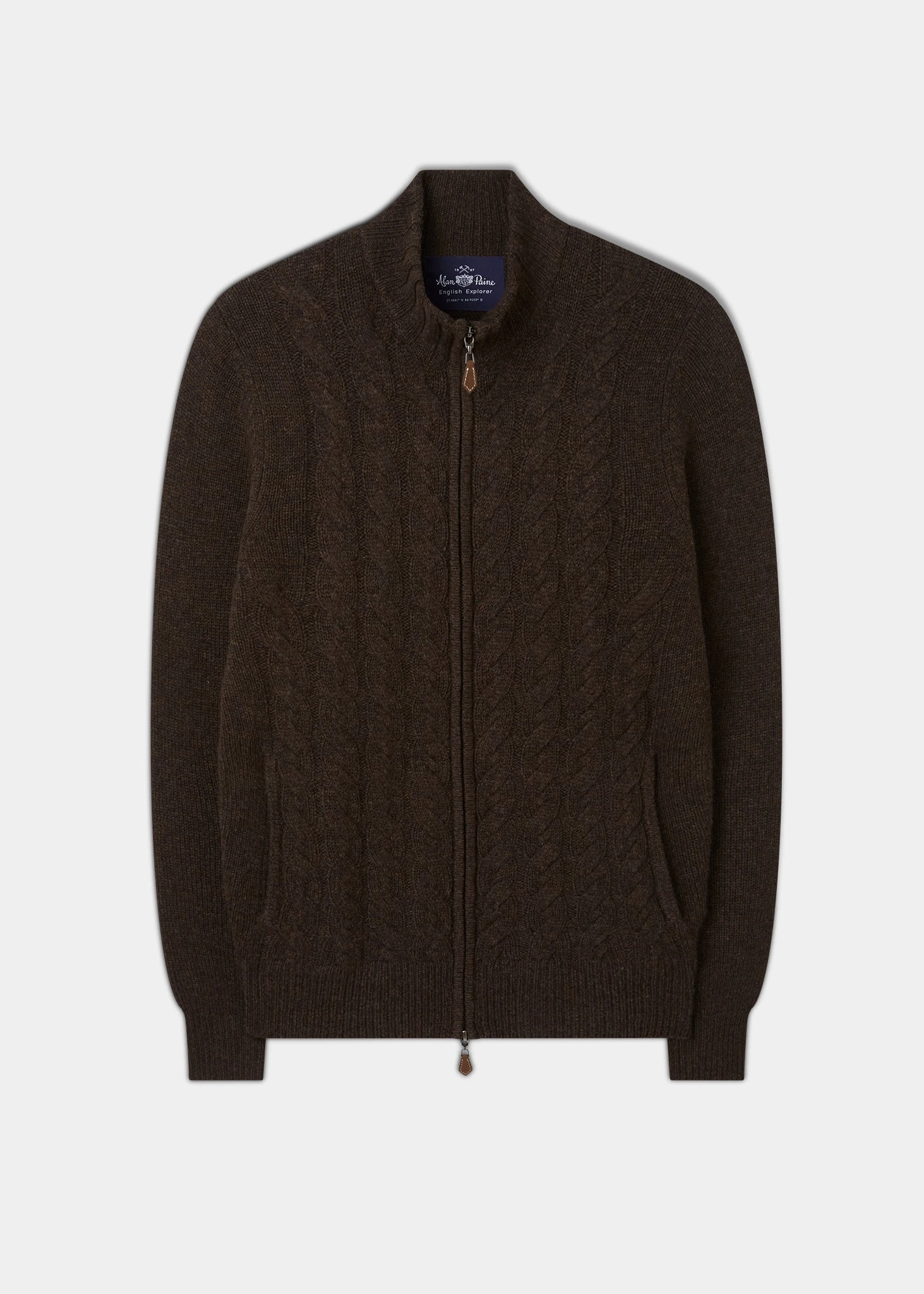 Aberfoyle Men's Lambswool Cable Front Zip Mock Neck In Cocoa 1 Aberfoyle Men's Lambswool Cable Front Zip Mock Neck In Cocoa