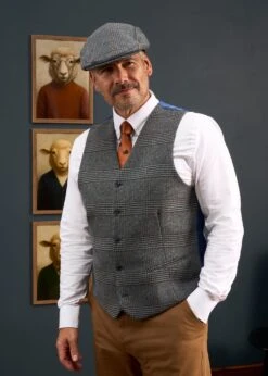 Surrey Men's Tweed Lined Country Waistcoat In Blue Check - Regular Fit -Alan Paine Fashion Store Alan Paine Surrey Mens Waistcoat in Blue Check 3