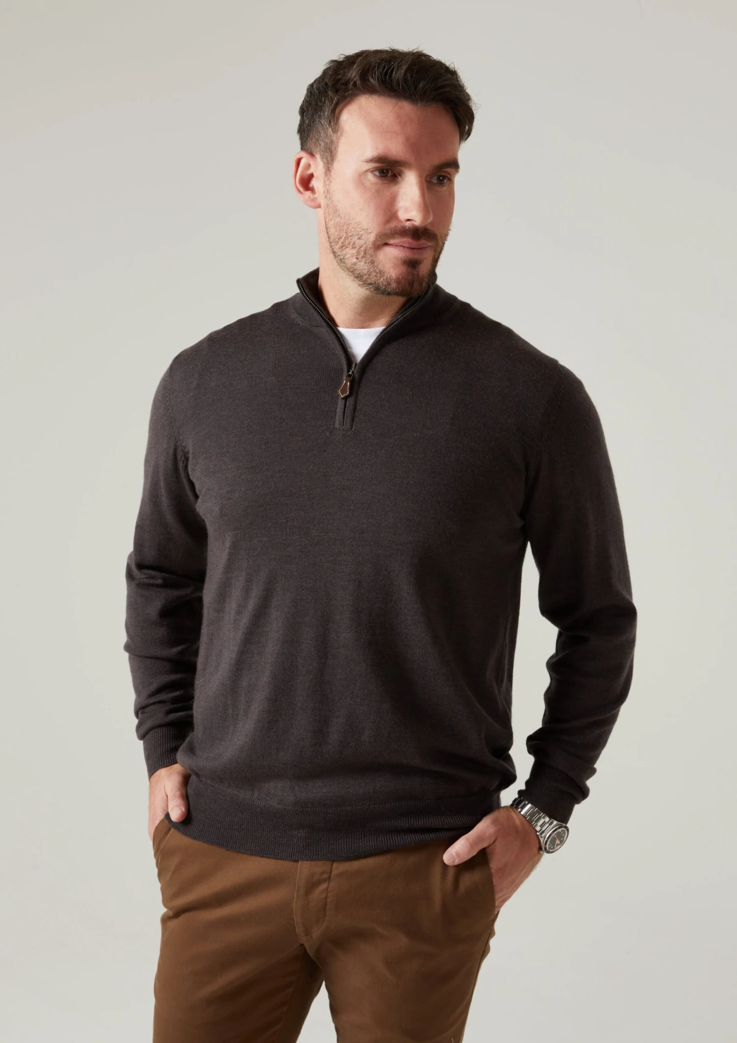 Barton Merino Wool 1/4 Zip Mock Jumper In Dark Brown - Regular Fit 2 Barton Merino Wool 1/4 Zip Mock Jumper In Dark Brown - Regular Fit - Image 2