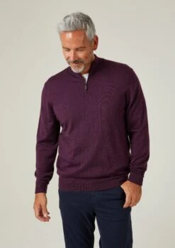 Barton Merino Wool 1/4 Zip Mock Jumper In Black Grape - Regular Fit -Alan Paine Fashion Store Barton Mens Merino Wool Quarter Zip Purple 1