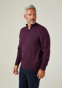 Barton Merino Wool 1/4 Zip Mock Jumper In Black Grape - Regular Fit -Alan Paine Fashion Store Barton Mens Merino Wool Quarter Zip Purple 2