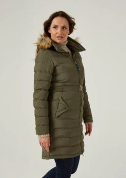 Calsall Ladies Olive Jacket - Regular Fit -Alan Paine Fashion Store Calsall Womens Quilte Long Coat Olive 4