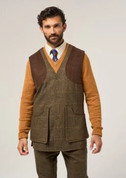 Combrook Men's Tweed Shooting Waistcoat In Teak - Shooting Fit -Alan Paine Fashion Store Combrook Tweed Shooting Waistcoat Teak 1