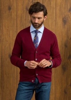 Cornwall Lambswool Cardigan In Bordeaux - Classic Fit -Alan Paine Fashion Store Cornwall Lambswool Cardigan Mens Bordeaux 3