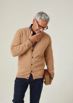 Cornwall Lambswool Cardigan In Camel - Classic Fit -Alan Paine Fashion Store Cornwall Lambswool Mens Cardigan Camel 2