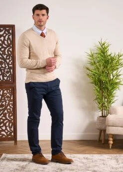Rothwell Cotton Cashmere Jumper In Sand -Alan Paine Fashion Store Cotton Cashmer Jumper Vee Neck Sand 1