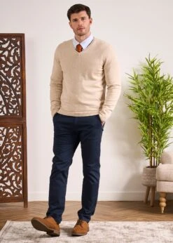 Rothwell Cotton Cashmere Jumper In Sand -Alan Paine Fashion Store Cotton Cashmer Jumper Vee Neck Sand 2