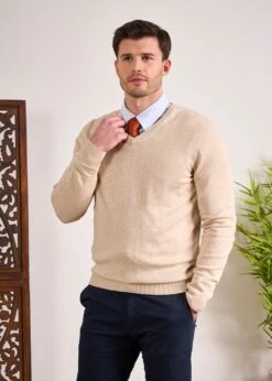 Rothwell Cotton Cashmere Jumper In Sand -Alan Paine Fashion Store Cotton Cashmer Jumper Vee Neck Sand 4