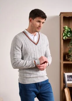 Sandford Cotton Cashmere Cable Knit Vee Neck Jumper In Dove 9 Sandford Cotton Cashmere Cable Knit Vee Neck Jumper In Dove -Alan Paine Fashion Store Cotton Cashmere Cable Jumper Grey 2