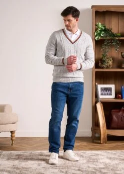 Sandford Cotton Cashmere Cable Knit Vee Neck Jumper In Dove 8 Sandford Cotton Cashmere Cable Knit Vee Neck Jumper In Dove -Alan Paine Fashion Store Cotton Cashmere Cable Jumper Grey 4