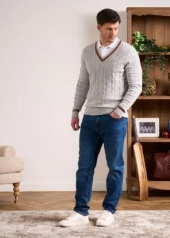Sandford Cotton Cashmere Cable Knit Vee Neck Jumper In Dove 10 Sandford Cotton Cashmere Cable Knit Vee Neck Jumper In Dove -Alan Paine Fashion Store Cotton Cashmere Cable Jumper Grey 5