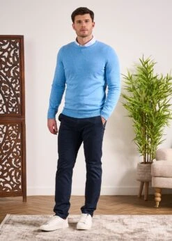 Leysmill Cotton Cashmere Jumper In Carolina Blue -Alan Paine Fashion Store Cotton Cashmere Jumper Crew Neck Blue 1