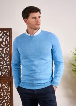 Leysmill Cotton Cashmere Jumper In Carolina Blue -Alan Paine Fashion Store Cotton Cashmere Jumper Crew Neck Blue 2