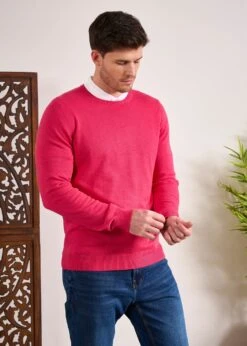 Leysmill Cotton Cashmere Jumper In Raspberry -Alan Paine Fashion Store Cotton Cashmere Jumper Crew Raspberry 2