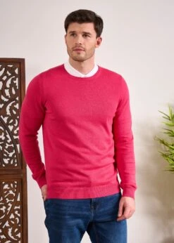 Leysmill Cotton Cashmere Jumper In Raspberry -Alan Paine Fashion Store Cotton Cashmere Jumper Crew Raspberry 3