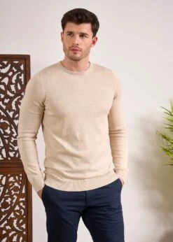 Leysmill Cotton Cashmere Jumper In Sand -Alan Paine Fashion Store Cotton Cashmere Jumper Crew Sand 2
