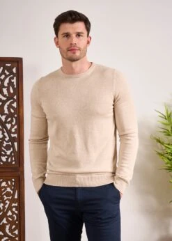 Leysmill Cotton Cashmere Jumper In Sand -Alan Paine Fashion Store Cotton Cashmere Jumper Crew Sand 4