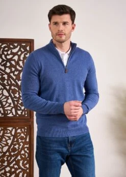 Selhurst Cotton Cashmere 1/4 Zip Jumper In Indigo -Alan Paine Fashion Store Cotton Cashmere Quarter Zip Jumper Indigo 2