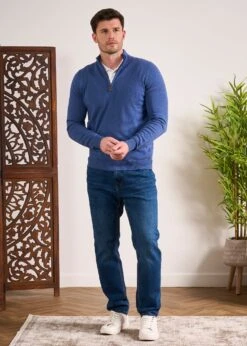 Selhurst Cotton Cashmere 1/4 Zip Jumper In Indigo -Alan Paine Fashion Store Cotton Cashmere Quarter Zip Jumper Indigo 3