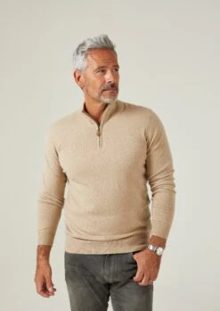 Hanbury Cashmere Zipped Mock Neck Jumper In Linen - Regular Fit -Alan Paine Fashion Store Hanbury Mens Cashmere Quarter Zip Linen 1