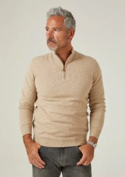 Hanbury Cashmere Zipped Mock Neck Jumper In Linen - Regular Fit -Alan Paine Fashion Store Hanbury Mens Cashmere Quarter Zip Linen 2