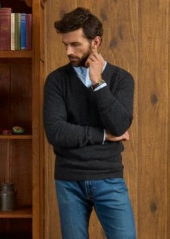 Kilsyth Men's Lambswool Jumper In Charcoal - Regular Fit -Alan Paine Fashion Store Kilsyth Lambswool Vee Neck Jumper Charcoal 2