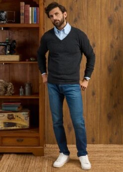 Kilsyth Men's Lambswool Jumper In Charcoal - Regular Fit -Alan Paine Fashion Store Kilsyth Lambswool Vee Neck Jumper Charcoal 3