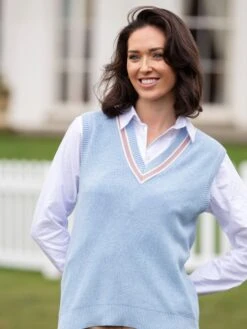 Ladies Cotton Cricket Slipover In Steel Blue Mix 5 Ladies Cotton Cricket Slipover In Steel Blue Mix -Alan Paine Fashion Store Ladies Cricket Slipover Light Blue 1