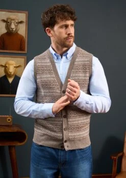 Maywick Men's Lambswool Fair Isle Waistcoat In Vole -Alan Paine Fashion Store Lambswool Fairisle Kinitted Slipover Vole 3