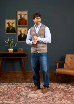 Maywick Men's Lambswool Fair Isle Waistcoat In Vole -Alan Paine Fashion Store Lambswool Fairisle Kinitted Slipover Vole 5