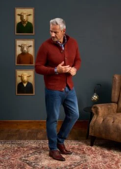 Landford Men's Lambswool Buttoned Jumper In Sienna - Regular Fit -Alan Paine Fashion Store Lambswool Mock Neck Jumper Brown Red 3