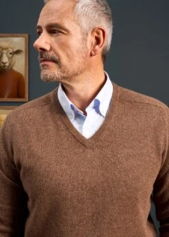 Hampshire Lambswool Jumper In Tobacco - Classic Fit -Alan Paine Fashion Store Lambswool Saddle Shoulder Tobacco Jumper 2