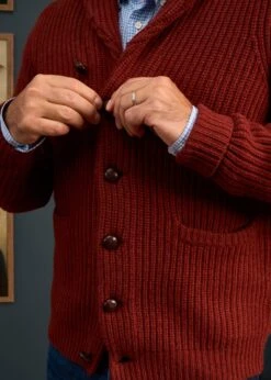 Usworth Men's Shawl Collar Lambswool Jumper In Sienna - Regular Fit 6 Usworth Men's Shawl Collar Lambswool Jumper In Sienna - Regular Fit -Alan Paine Fashion Store Lambswool Shawl Cardigan Red Brown 1