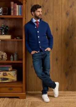 Landford Men's Lambswool Buttoned Jumper In Indigo - Regular Fit -Alan Paine Fashion Store Landford Cable Lambswool Cardigan Indigo 3