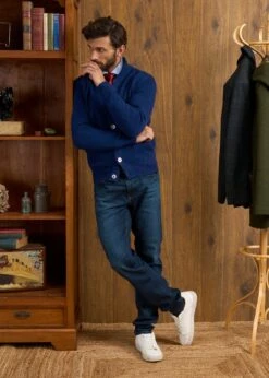 Landford Men's Lambswool Buttoned Jumper In Indigo - Regular Fit -Alan Paine Fashion Store Landford Cable Lambswool Cardigan Indigo 4