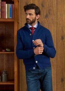 Landford Men's Lambswool Buttoned Jumper In Indigo - Regular Fit -Alan Paine Fashion Store Landford Cable Lambswool Cardigan Indigo 5