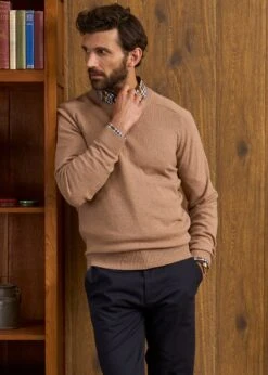 Lenzie Men's Lambswool Jumper In Camel - Regular Fit 8 Lenzie Men's Lambswool Jumper In Camel - Regular Fit -Alan Paine Fashion Store Lenzie Lambswool Crew Neck Jumper Camel 2