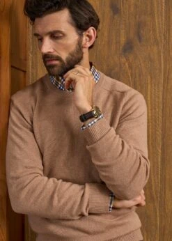 Lenzie Men's Lambswool Jumper In Camel - Regular Fit 11 Lenzie Men's Lambswool Jumper In Camel - Regular Fit -Alan Paine Fashion Store Lenzie Lambswool Crew Neck Jumper Camel 5