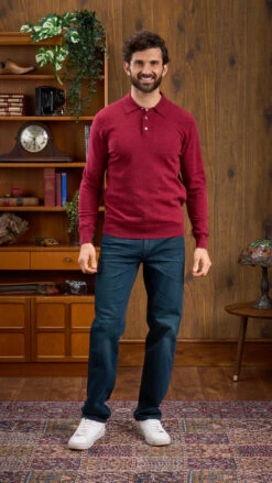 Men's Geelong Lambswool Long Sleeve Polo Shirt In Rosso - Regular Fit -Alan Paine Fashion Store Long Sleeve Polo Shirt Red 2