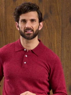 Men's Geelong Lambswool Long Sleeve Polo Shirt In Rosso - Regular Fit -Alan Paine Fashion Store Long Sleeve Polo Shirt Red 3