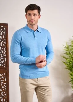 Pentlow Luxury Cotton Long Sleeve Polo Shirt In Carolina Blue 9 Pentlow Luxury Cotton Long Sleeve Polo Shirt In Carolina Blue -Alan Paine Fashion Store Luxury Cotton Polo Shirt Carolina Blue 2