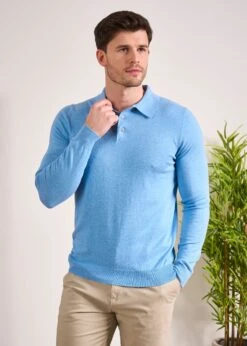 Pentlow Luxury Cotton Long Sleeve Polo Shirt In Carolina Blue 10 Pentlow Luxury Cotton Long Sleeve Polo Shirt In Carolina Blue -Alan Paine Fashion Store Luxury Cotton Polo Shirt Carolina Blue 3