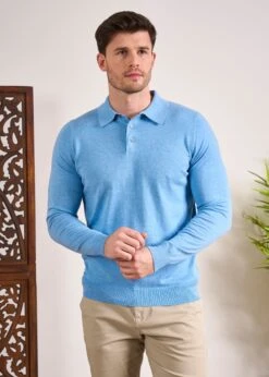 Pentlow Luxury Cotton Long Sleeve Polo Shirt In Carolina Blue 11 Pentlow Luxury Cotton Long Sleeve Polo Shirt In Carolina Blue -Alan Paine Fashion Store Luxury Cotton Polo Shirt Carolina Blue 4