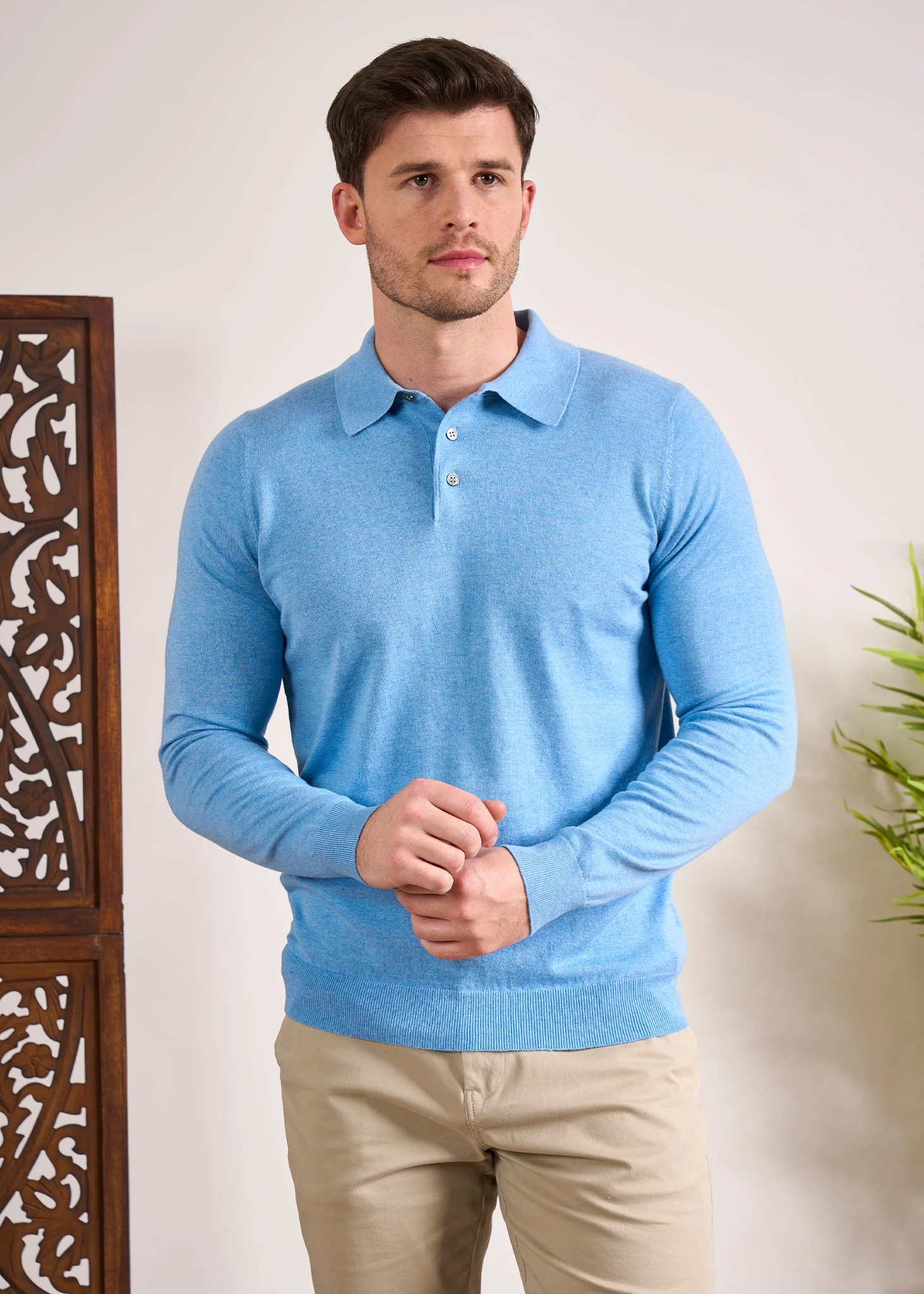 Pentlow Luxury Cotton Long Sleeve Polo Shirt In Carolina Blue 6 Pentlow Luxury Cotton Long Sleeve Polo Shirt In Carolina Blue - Image 6