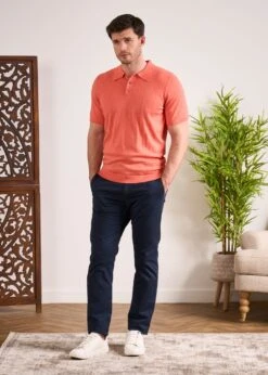 Knighton Luxury Cotton Polo With Pointelle Detail In Coral 7 Knighton Luxury Cotton Polo With Pointelle Detail In Coral -Alan Paine Fashion Store Luxury Cotton Polo Shirt Coral 1