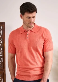 Knighton Luxury Cotton Polo With Pointelle Detail In Coral 8 Knighton Luxury Cotton Polo With Pointelle Detail In Coral -Alan Paine Fashion Store Luxury Cotton Polo Shirt Coral 2