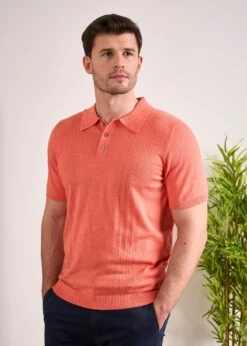 Knighton Luxury Cotton Polo With Pointelle Detail In Coral
